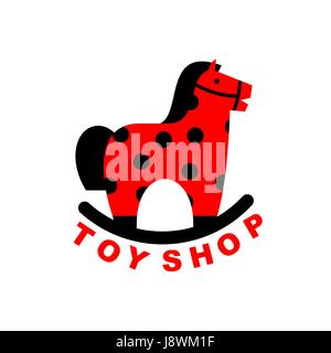 Spielzeug-Shop Logo Schaukelpferd. Kinder Spielzeug Pferd Äpfel. Hoss für Kinder. Emblem für den Kinder-Shop Stock Vektor