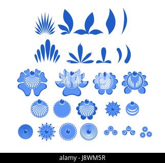 Gzhel gemalt von Elementen, die Blüten und Blätter Set. Russische nationale Volkskunst. Traditionellen Dekoration Malerei in Russland. Blüten und Blätter Textur. Stock Vektor