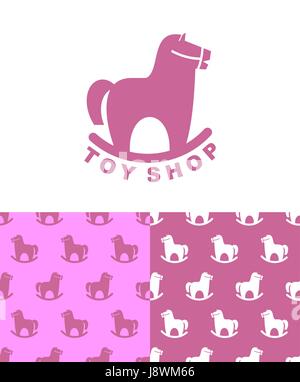 Spielzeug-Shop Logo Schaukelpferd. Stellen Sie Emblem und Muster für Kinder-Shop. Kidss Spielzeug Hoss Äpfel. Vintage Spaß. Retro-Spielzeug Stock Vektor