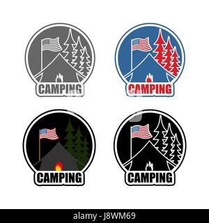 Amerikanische Camping Logo setzen Tag und Nacht. Emblem für Unterkunft Camp. USA-Flagge. Landschaft mit Zelt und Wald. Feuer am Stand. Sonne und Mond Stock Vektor