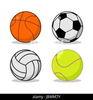 Sport-Ball-Set. Basketball und Fußball. Tennis und Volleyball. Sportgeräte für Spiele Stock Vektor
