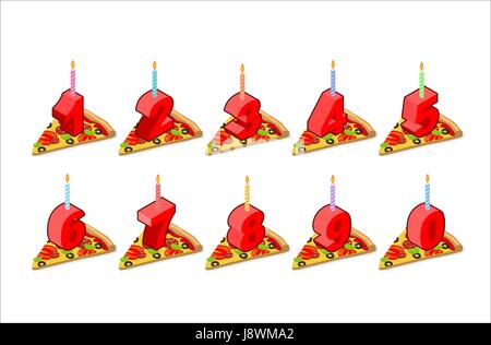 Pizza und Geburtstag Zahlen Kerzen set. Urlaub Pizzastück isometrische. Fast-Food für fest. Zahlen-Cartoon-Stil. Einwahl zum Jubiläum Stock Vektor