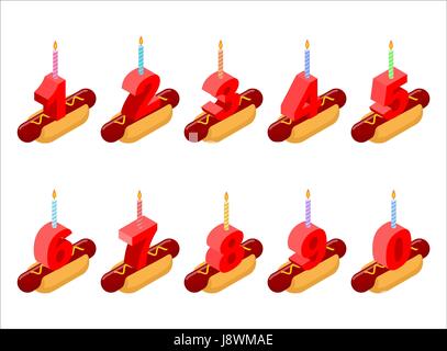 Hot Dog und Geburtstag Zahlen Kerzen. Geburtstag-Fast-Food-Isometrien. Hotdog für Urlaub. Zahlen-Cartoon-Stil. Set Jubiläum Ziffern Stock Vektor