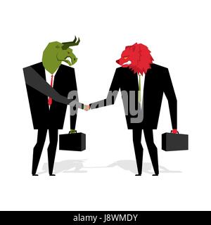 Bulle und Bär beschäftigen. Tiere Geschäftsleute machen. Männer die Hand. Vertrag zwischen Händler an der Börse. Handshake Bestien in Anzug und briefcas Stock Vektor