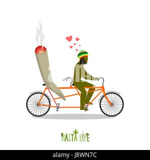 Rasta Leben. Rastafari und Gelenk- oder Spliff auf dem Fahrrad. Mann und Rauchen Drogen auf Tandem. Marihuana-Liebhaber fahren Fahrrad. Romantische Darstellung Hanf Stock Vektor