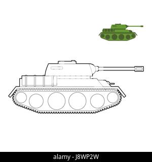 Militärischen Tank Malbuch. Kampftechnik in linearen Stil, gepanzerten Kampffahrzeug mit Kanonenbewaffnung verfolgt. Armee-Transport Stock Vektor