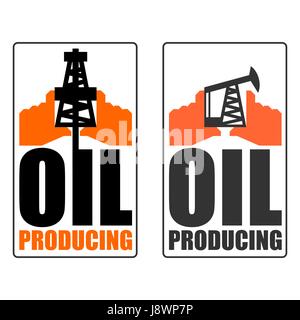 Logo der Öl-Produktion. Erdöl-Industrie-Zeichen. Logo für Benzin-Verarbeitung. naphthal Rig Arbeiter und menschliche Hände Stock Vektor