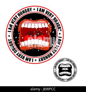 Ich bin sehr hungrig Stempel. Druck für hungrige Menschen. Offenem Mund und Zähne. Fliegende sabbern Stock Vektor