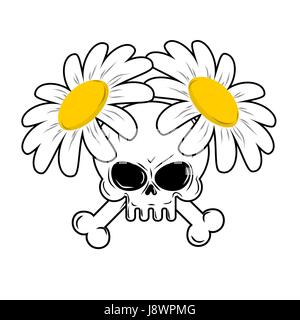Schädel und Blumen. Knochen in Kamillen. Tod und schönen weißen Blüten. Kopf-Skelett Figur Tod. Blume ist Symbol des Lebens. Stock Vektor