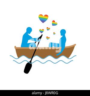 Schwule im Boot. Liebhaber des Segelsports. Rendezvous blaue Männer im Boot am Teich. Romantische LGBT-Abbildung. Herz-Regenbogen-Symbol der homosexuellen Liebe Stock Vektor