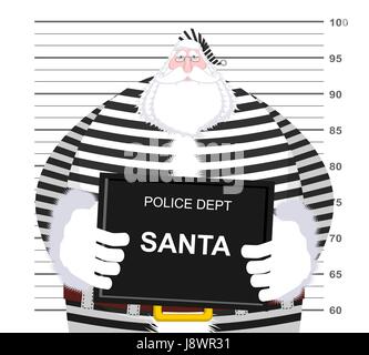 Mugshot Santa Claus beim Police Department. Fahndungsfoto Weihnachten. Bad Santa im gestreiften Kleid schwarz Halteplatte verhaftet. Opa Foto Prisoner in custo Stock Vektor