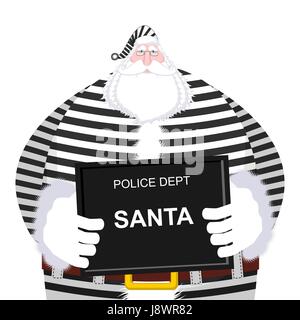 Mugshot Santa Claus beim Police Department. Fahndungsfoto Weihnachten. Bad Santa im gestreiften Kleid schwarz Halteplatte verhaftet. Opa Foto Prisoner in custod Stock Vektor