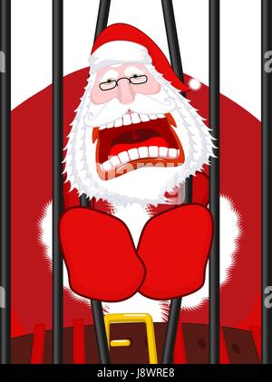 Santa Claus gefangen. Weihnachten im Gefängnis. Fenster mit Balken im Gefängnis. Bad Santa Verbrecher. Neujahr wird abgebrochen. Gefängnis-Bruch Stock Vektor