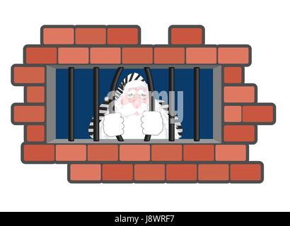 Santa Claus Jail. Fenster mit Balken im Gefängnis. Bad Santa Verbrecher. Neujahr wird abgebrochen. Weihnachten-Gefängnis in gestreiften Gewand Stock Vektor