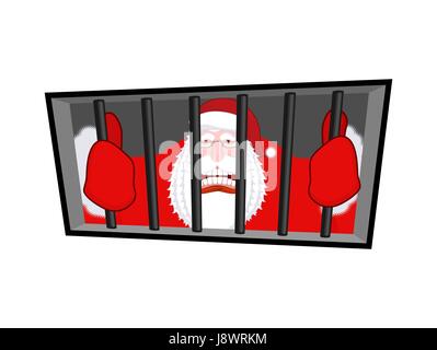 Santa Claus Gangster. Weihnachten im Gefängnis. Fenster mit Balken im Gefängnis. Bad Santa Gefangene Verbrecher. Neujahr wird abgebrochen. Gefängnis-Bruch. Stock Vektor