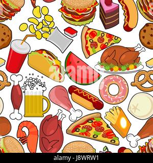 Nahtlose Muster Essen. Ornament zu ernähren. Fleisch-Hintergrund. Pizza und Taco. Pommes und Hamburger. Hotdog und Cookies. Gebackene Türkei und Wassermelone. Po Stock Vektor