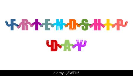 Freundschaft-Tag-Logo. Internationalen Feiertag Sign. Briefe, die Hand in Hand. Handshake Typografie. Freundschaft-Text auf weißem Hintergrund Stock Vektor
