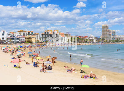 Überfüllten Strand-Szene am beliebten Sandstrand von Playa Norte, Peniscola, Spanien Stockfoto