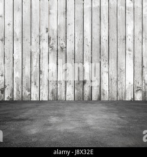 Leere Grunge abstrakten Innenraum, quadratische Hintergrundfoto. Alte weiße Holz Wand- und asphalt Stockfoto