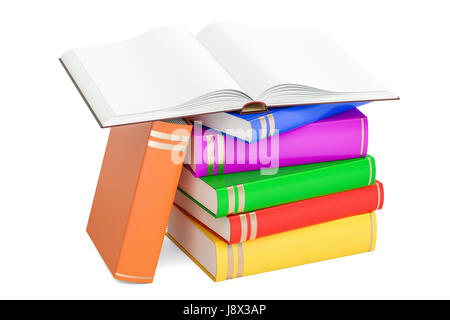 Leeres Buch mit Haufen von geschlossenen Bücher, 3D-Rendering isolierten auf weißen Hintergrund geöffnet Stockfoto