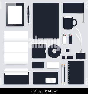 Schwarze leere Satz von Vektor-corporate Identity-Vorlage. Modernes Business Design Präsentationsbroschüre, Broschüre, Umschlag, Karte, Abzeichen, Cup, TabletPC, Kugelschreiber, Bleistift. Schreibwaren sauber Mock-up Stock Vektor