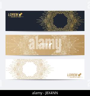 Moderne Reihe von Bannern, Vektor. Molekül und Kommunikation Hintergrund. Geometrische abstrakte runden goldenen Formen. Angeschlossene Leitung mit Punkten. Grafischen Komposition für Medizin, Wissenschaft, Technik, Chemie Stock Vektor