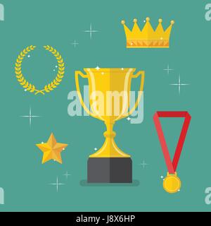 Medaillen, Auszeichnungen und Erfolge Symbole festgelegt. Symbol für Sieg und Erfolg Stock Vektor