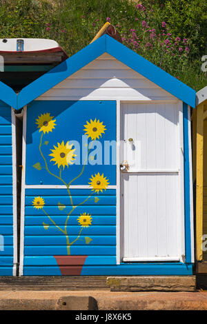 Strandhütte mit Sonnenblumen Gänseblümchen aufgemalt in Swanage im Mai Stockfoto