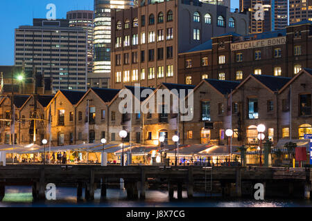 Alten Lagerhäusern an Campbells Cove Steg in Sydney, Australien. Stockfoto