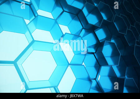 Abstrakt blau des futuristischen Oberfläche Sechseck-Muster, sechseckigen Waben mit Lichtstrahlen. 3D Rendering Stockfoto