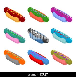 Hot-Dog mehrfarbige festgelegt. Ungewöhnlich schnell Essen war fantastisch. Farbe-Wurst und Brötchen. Essen isometrischen 3d illustration Stock Vektor
