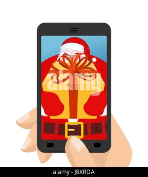 Weihnachten Foto Santa zu schenken. Fotografieren Ihr Smartphone. Santas Handschuhe und Box mit Schleife. Illustration für Neujahr Stock Vektor