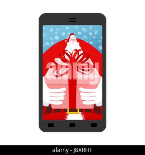 Weihnachten Foto Santa. Fotografieren Ihr Smartphone. Claus geben Geschenk Handschuhe und Box mit Schleife. Illustration für Neujahr Stock Vektor