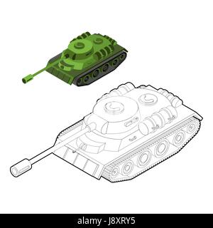 Tank-Malbuch. Armeeausrüstung im linearen Stil. Gepanzerte Kampffahrzeuge, verfolgt mit Kanone und Maschinengewehr Stock Vektor
