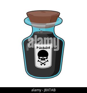 Flasche mit Poison. Magische Vintage Flasche mit einem schwarzen trank. Totenkopf Aufkleber. Lebensbedrohlich. Glasgefäß mit einem hölzernen stopfen zu Tode. Stock Vektor
