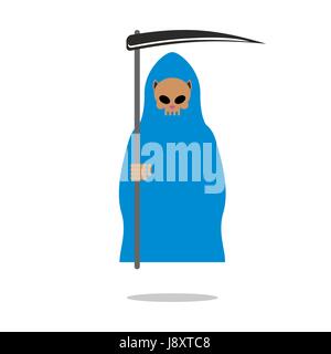 Tod-Schädel-Katze in blauen Umhang. Grim Reaper Haustiere mit Sense. Stock Vektor