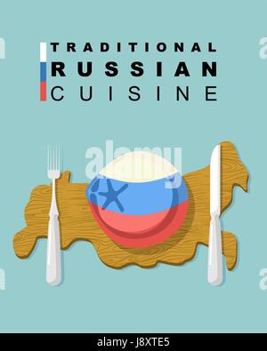 Traditionelle russische Küche. Nationalgerichte der Knödel. Fleisch-Knödel in den Farben der russischen Flagge auf einem Holzbrett in Form-Landkarte von Russland. C Stock Vektor