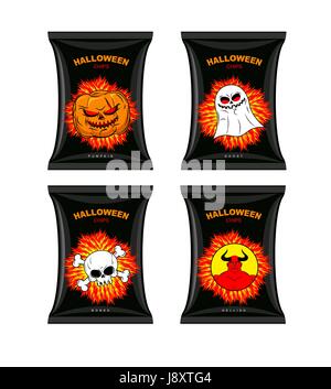 Legen Sie die Chips für Halloween. Schreckliches Essen für Urlaub. Snacks mit verschiedenen Geschmacksrichtungen. Chips mit Kürbis Geschmack. Chips mit Geistern. Chips mit einem Hauch von Stock Vektor