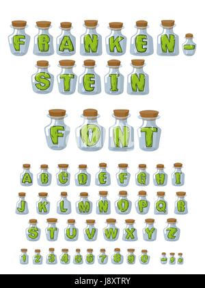 Frankenstein-Schriftart. Grüne Buchstaben im Labor Gläser für Studie. Experimente über Alphabet. Vektor von Zahlen Stock Vektor