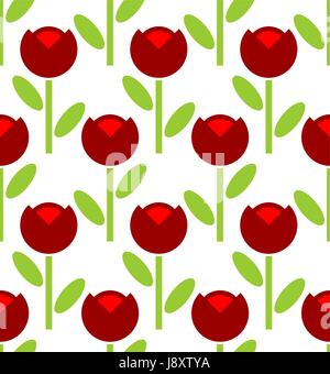 Rote Tulpe Musterdesign. Vektor Blume Hintergrund. Retro Stoff Textur. Rote Knospen und grüne Blüten. Stock Vektor