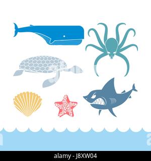 Unterwasser Welt flach Symbole. Tiere Meer. Hai und Krake. Schildkröten und Wale. Seesterne und Jakobsmuschel. Bewohner Ozean auf Lager Stock Vektor