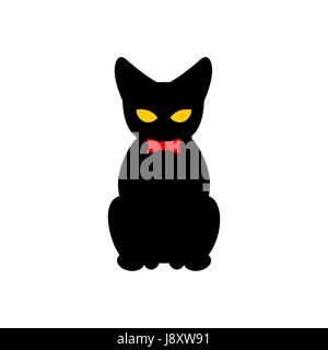Schwarze Katze mit roter Fliege. Silhouette von Haustier sitzen. Vektor-Illustration-Tier auf weißem Hintergrund. Stock Vektor