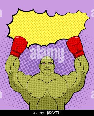 Grüne große Boxer Monster Pop-Art mit einer leeren Blase Text. Goblin-Sieger, Weltmeister Galaxy MMA Boxen. Vektor-Retro-Bild-Comics. Stock Vektor