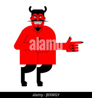 Teufel zeigt. Roter Dämon mit Hörnern und Hufen. Satan mit Bart. Stock Vektor