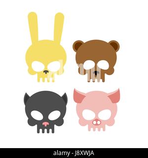 Niedliche Tierschädel. Bär und Schwein. Kopf Skelett Kaninchen und Katze. Vektor-Illustration-Logos für Halloween. Stock Vektor