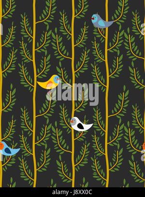 Vögel auf den Bäumen Musterdesign. Vektor Hintergrund des Waldes mit Vögel auf Zweigen. Nächtlichen Wald Stock Vektor