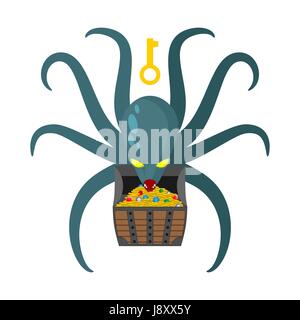 Krake Bewachung Piratenschätze. Gold Brust Kraken. Cthulhu und Gold Schmuck. Gefürchtete Muschel Monster hält Tentakeln Brust mit Edelsteinen und g Stock Vektor