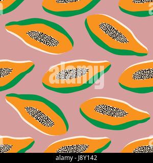 Tropischen Musterdesign Orange halbiert Papaya auf rosa Hintergrund, wie von Hand gezeichnet, Stoff, Geschenkpapier, Telefonabdeckung, Kattun-Stil, modern, trendy Stock Vektor