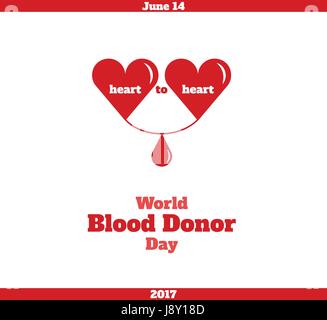 Weltblutspendetag, Juni 14. Vektor-Illustration. Zwei Herzen mit einem Tropfen Blut zwischen ihnen, symbolisiert die Spender und Empfänger Stock Vektor