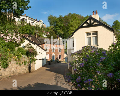 Häuser in der Nidd Schlucht von Waterside an einem sonnigen Abend bei Knaresborough North Yorkshire England Stockfoto